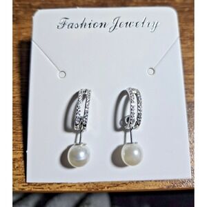 Elegant Silver Rhinestone Hoop Drop Earrings with Faux Perl Dangle